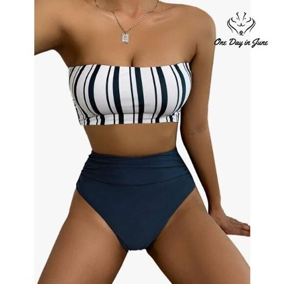 SweatyRocks Striped Bandeau High Waist Bikini Swimsuit Size M - Picture 1 of 3